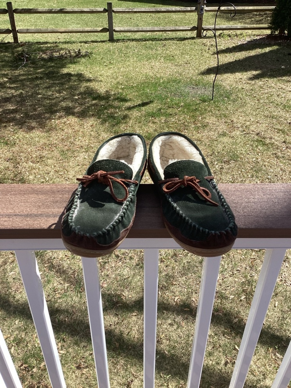 L.L. Bean Dark Green Suede Moccasin Slippers with Brown Trim, Size 11